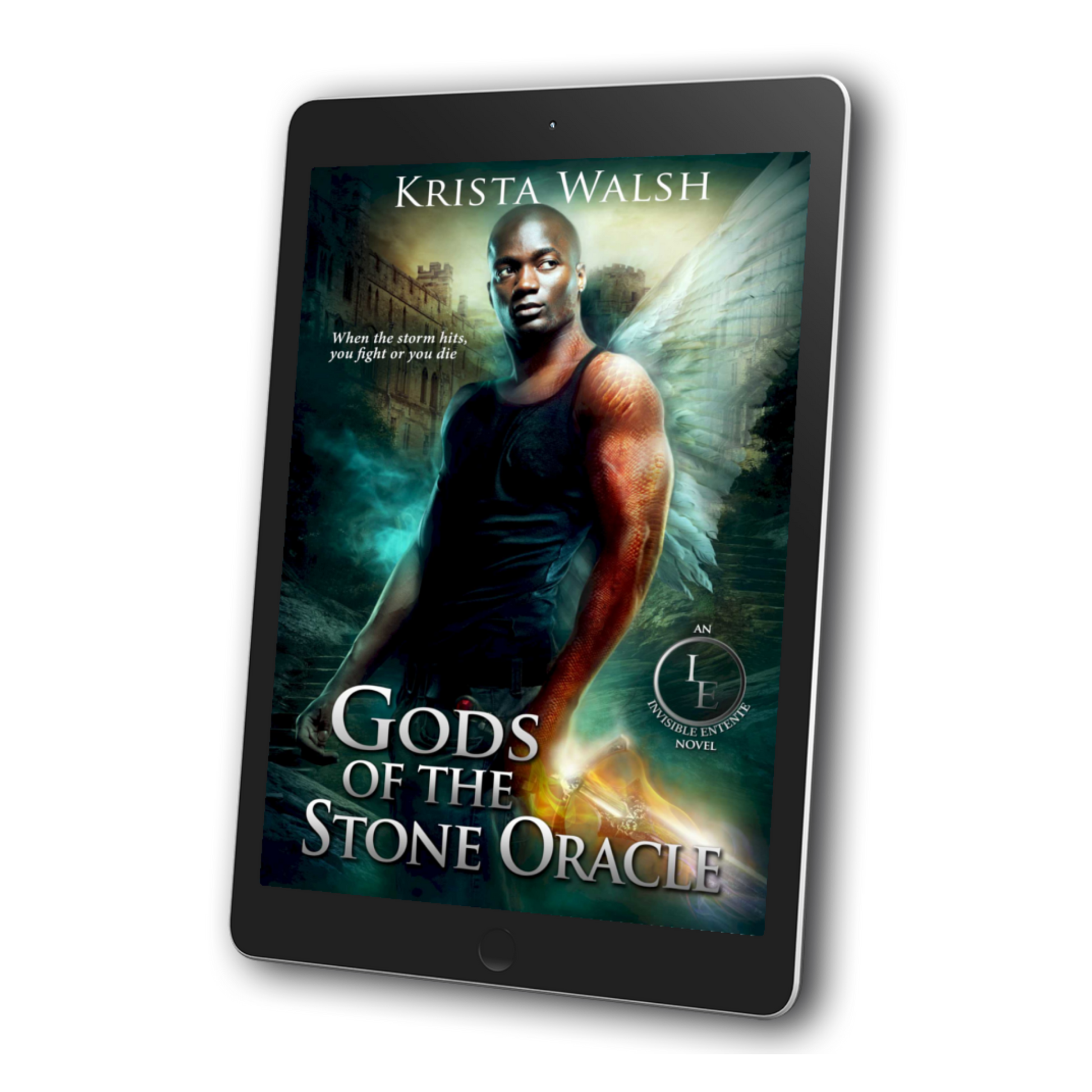 Black Man with scaled left arm holding a sword looking over shoulder, white wings stretched out behind him. Text: Krista Walsh, Gods of the Stone Oracle