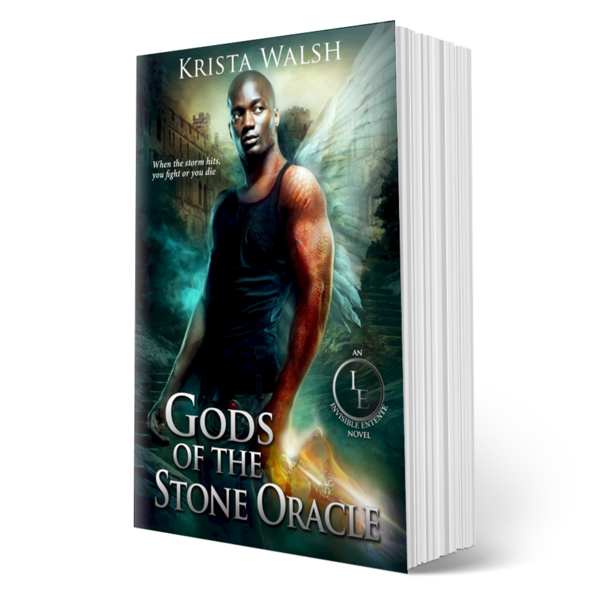 Black Man with scaled left arm holding a sword looking over shoulder, white wings stretched out behind him. Text: Krista Walsh, Gods of the Stone Oracle
